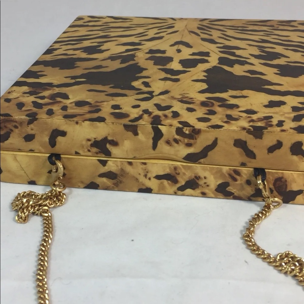 New Handmade Minaudière Wood Hand Painted Tiger Safari Brown Square Gold Chain - Picture 4 of 12
